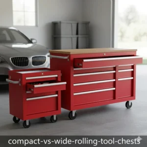 Side-by-side comparison of a compact 26-inch tool chest and a wide 52-inch rolling cabinet for garage storage.