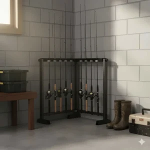 Compact corner-style fishing pole storage rack designed for small garage spaces.