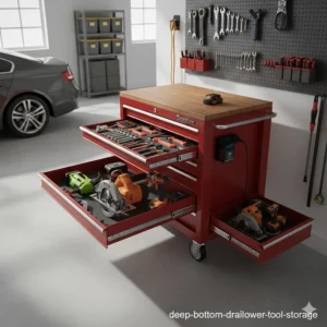 Large bottom drawer of a rolling tool chest storing bulky power tools like circular saws and impact drivers.