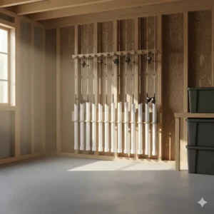 A DIY fishing rod storage rack made from PVC pipes attached to a wooden garage frame.