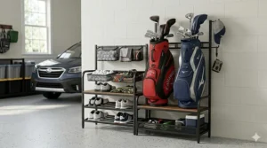 Illustration of a wide storage station capable of holding two full-sized cart bags and shoes.