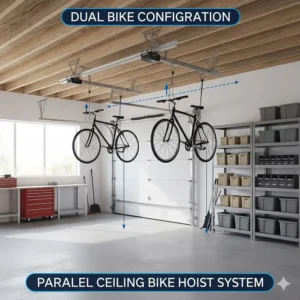 Technical drawing of two ceiling bike storage hoists installed parallel to each other.