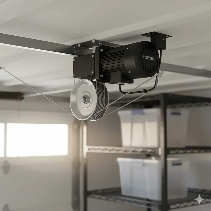 Close-up of an electric motor mechanism for a garage ceiling storage lift system showing pulleys and cables. garage ceiling storage lift systems