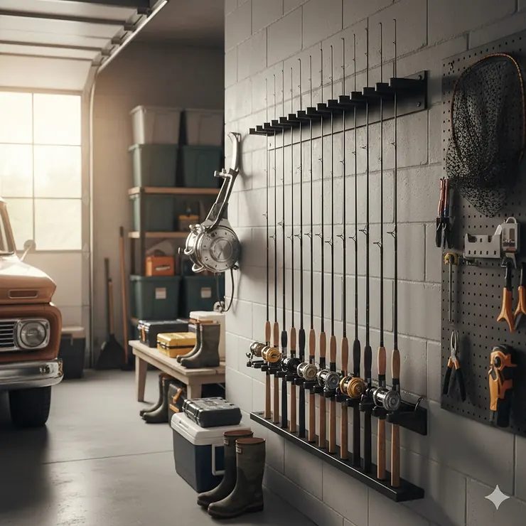 A well-organized garage featuring a wall-mounted fishing rod storage rack holding several saltwater and freshwater setups. fishing rod storage rack for garage