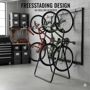 A freestanding 4 bike garage storage rack stand that requires no drilling into walls.