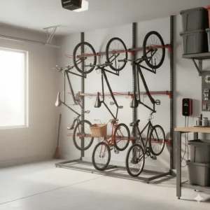 A two-tier freestanding bike storage rack for garage use that requires no drilling into walls.