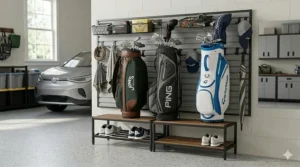 A wall-mounted golf equipment storage organizer saving floor space in a modern garage.