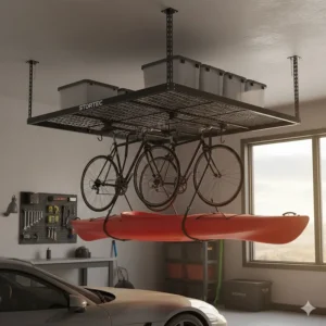Multipurpose garage ceiling storage lift system holding bicycles and a red kayak above a parked car.