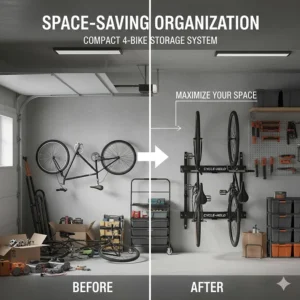 Before and after illustration of garage organization using a compact 4 bike storage rack system.