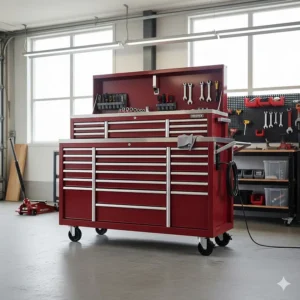 Professional 72 inch tool chest combo organized in a clean automotive garage workshop setting.