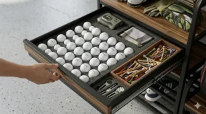 Illustration of pull-out bins for organized storage of golf balls, tees, and rangefinders.