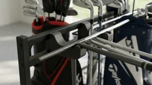 Close-up illustration showing how a storage rack prevents club shaft warping and scratches.