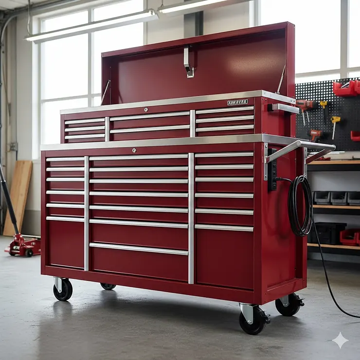 Industrial grade 72 inch tool chest combo with stainless steel worktop and multi-drawer storage.