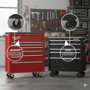 Comparison of industrial-grade casters on a Milwaukee tool chest and reinforced wheels on a Husky mobile workbench.
