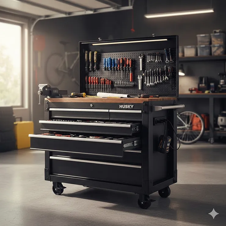 A large black Husky tool chest with drawers open, displaying organized tools in a residential garage workshop.