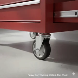 Close-up of heavy-duty swivel locking casters on a rolling tool chest for easy maneuverability on garage floors.