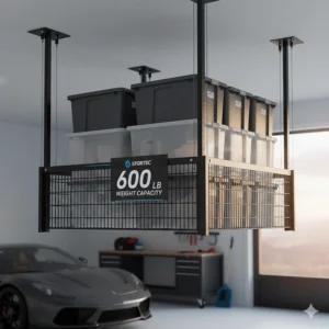 A garage ceiling storage lift system holding a 600 LB weight capacity load of heavy storage bins.