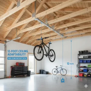 Illustration of a bike hoist system installed on a 12-foot garage ceiling.