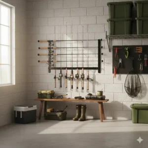 Horizontal fishing rod storage rack displaying rods parallel to the garage wall.