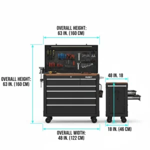 Technical diagram showing the height, width, and depth measurements of a standard Husky tool chest.
