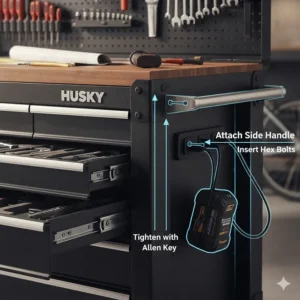Simplified illustration showing how to attach the side handle to a new Husky tool chest.