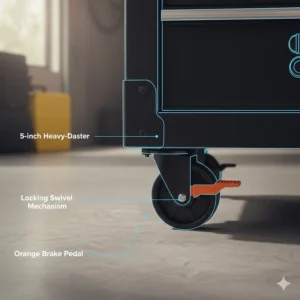 Detail view of the 5-inch heavy-duty locking swivel casters on a Husky mobile tool chest.