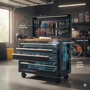 Close-up of the internal keyed locking system for securing tools in a Husky rolling tool chest.