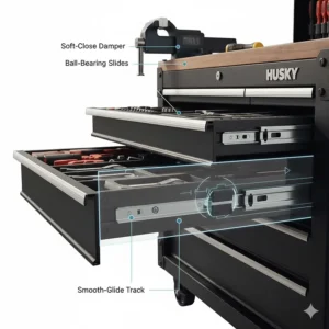 Close-up illustration of the soft-close drawer slide mechanism on a Husky tool chest.