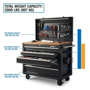 Infographic detailing the total weight capacity and per-drawer load limits for a Husky tool chest.
