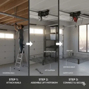 Step-by-step photorealistic guide showing how to mount and assemble a garage ceiling storage lift system.