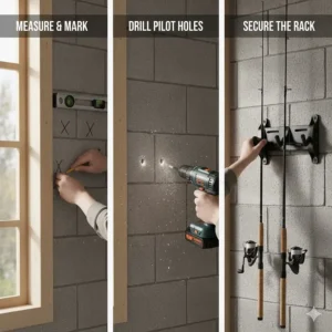 Step-by-step illustration showing how to secure a fishing rod rack into garage wall studs.