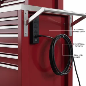 Close-up of the built-in power strip and USB ports on a 72 inch tool chest combo.