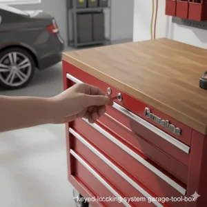 A person using a key to secure the central locking mechanism of a professional-grade rolling tool chest.