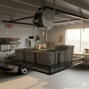 A manual hand-crank pulley assembly for a non-motorized garage ceiling storage lift system.