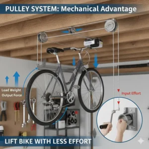 Illustration showing the pulley system of a ceiling bike storage hoist reducing lifting effort.