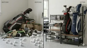 Side-by-side comparison of scattered golf clubs versus a neat golf equipment storage organizer.