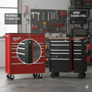 Close-up illustration comparing the thick-gauge steel construction of Milwaukee vs Husky tool chests.