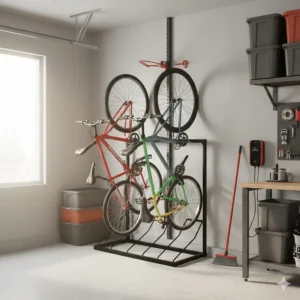 A 4-bike floor stand storage rack for garage organization suitable for family bicycles.