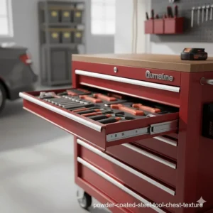 Detail shot of the scratch-resistant powder-coated finish on a red steel rolling tool cabinet.