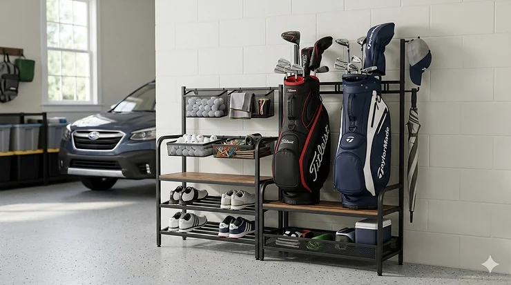 A heavy-duty metal and wood golf equipment storage organizer in a modern garage, holding two golf bags, multiple pairs of shoes, golf balls, accessories, and an umbrella under natural daylight.
