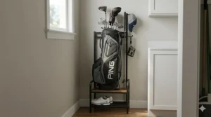 A vertical golf equipment storage organizer designed for small apartments or tight corners.