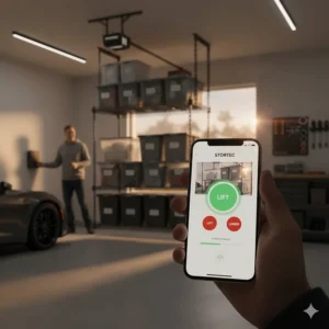 A smartphone app interface used to remotely operate a smart garage ceiling storage lift system.
