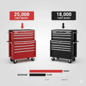 Infographic showing the total cubic inch storage capacity difference between Milwaukee and Husky 52-inch models.
