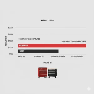 A chart illustrating the price point vs feature set for Milwaukee professional-grade and Husky DIY-grade chests.