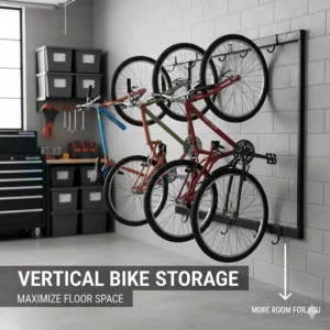 Vertical 4 bike garage storage rack layout to save floor space in a small garage.