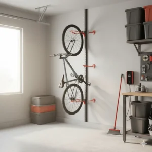 Space-saving vertical bike storage rack for garage walls holding a mountain bike by the front wheel.