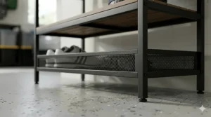 Diagram showing an off-the-floor organizer protecting golf clubs from garage floor moisture and rust.