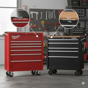 Comparison of a Husky wood-top mobile workbench versus a Milwaukee stainless steel work surface.