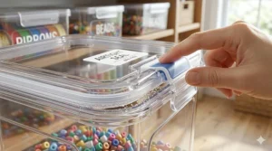 Close-up illustration of a clear storage bin lid with a silicone gasket for an airtight, moisture-proof seal.