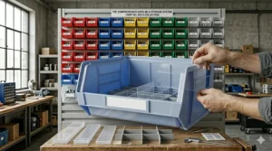 A close-up illustration of a large Akro-Mils bin being fitted with clear plastic dividers to create smaller compartments.